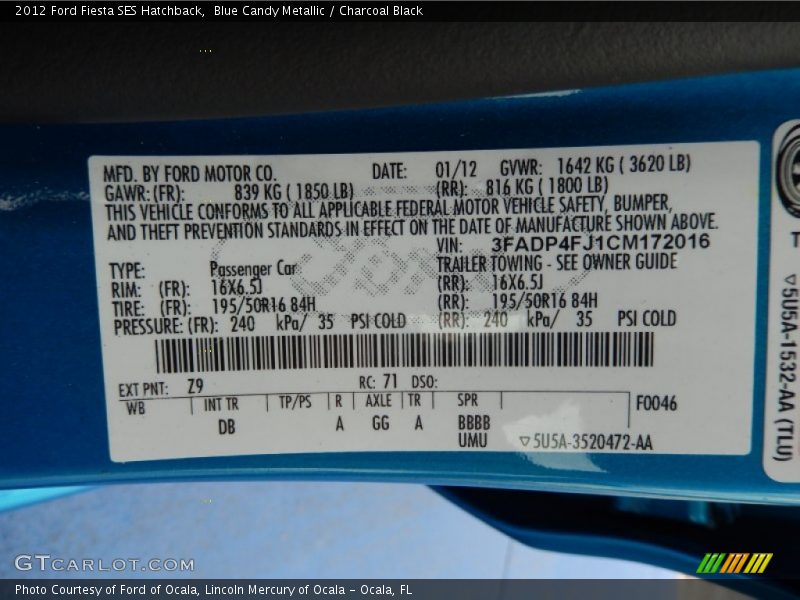 Blue Candy Metallic / Charcoal Black 2012 Ford Fiesta SES Hatchback