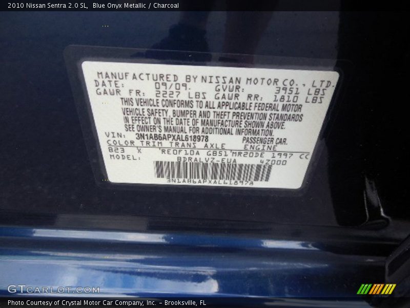 Blue Onyx Metallic / Charcoal 2010 Nissan Sentra 2.0 SL