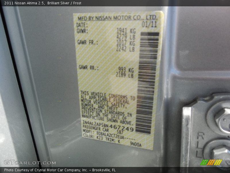 Brilliant Silver / Frost 2011 Nissan Altima 2.5