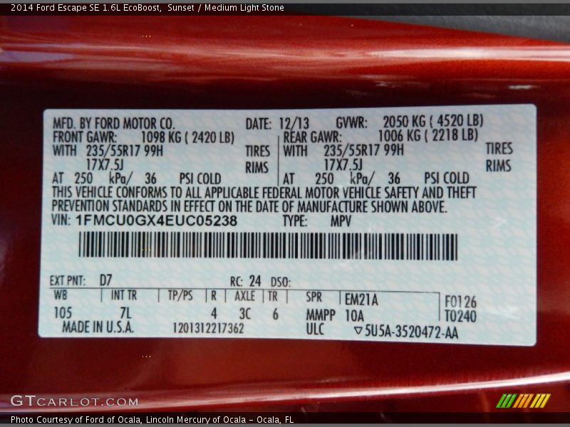 2014 Escape SE 1.6L EcoBoost Sunset Color Code D7
