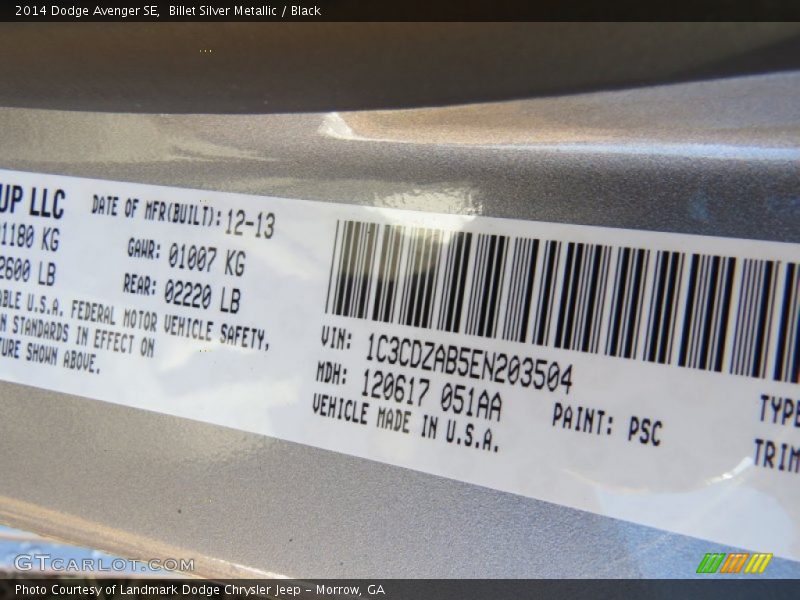 Billet Silver Metallic / Black 2014 Dodge Avenger SE