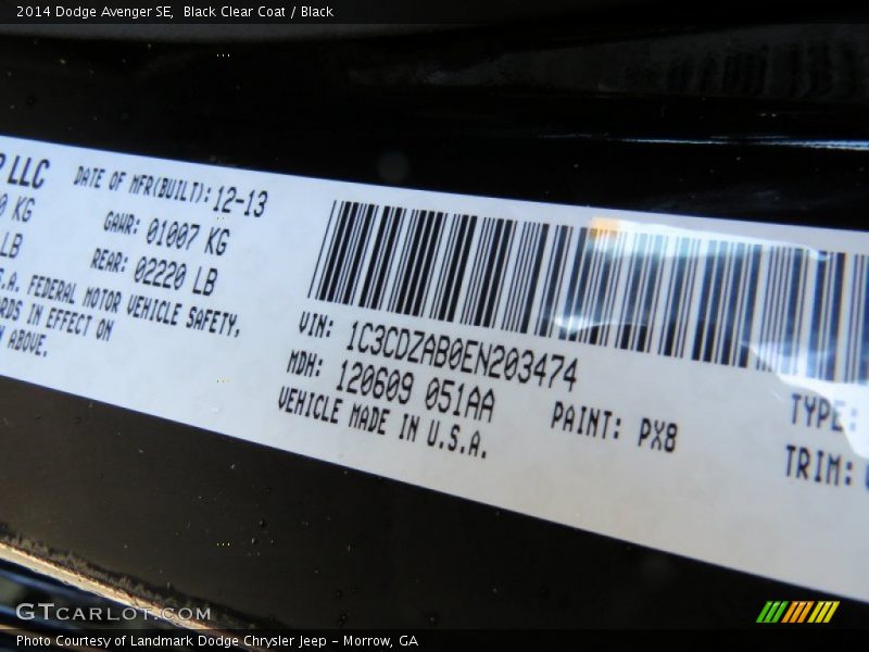 Black Clear Coat / Black 2014 Dodge Avenger SE