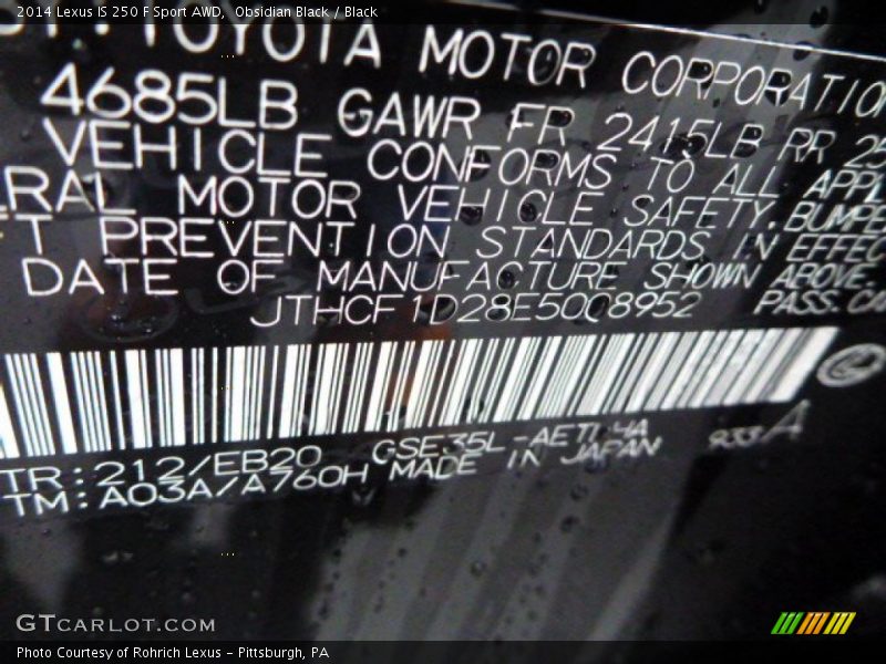 Obsidian Black / Black 2014 Lexus IS 250 F Sport AWD