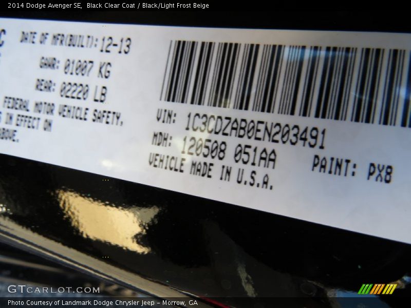 Black Clear Coat / Black/Light Frost Beige 2014 Dodge Avenger SE