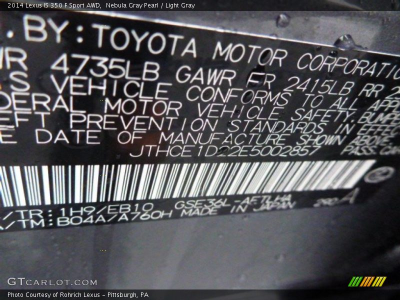 2014 IS 350 F Sport AWD Nebula Gray Pearl Color Code 1H9