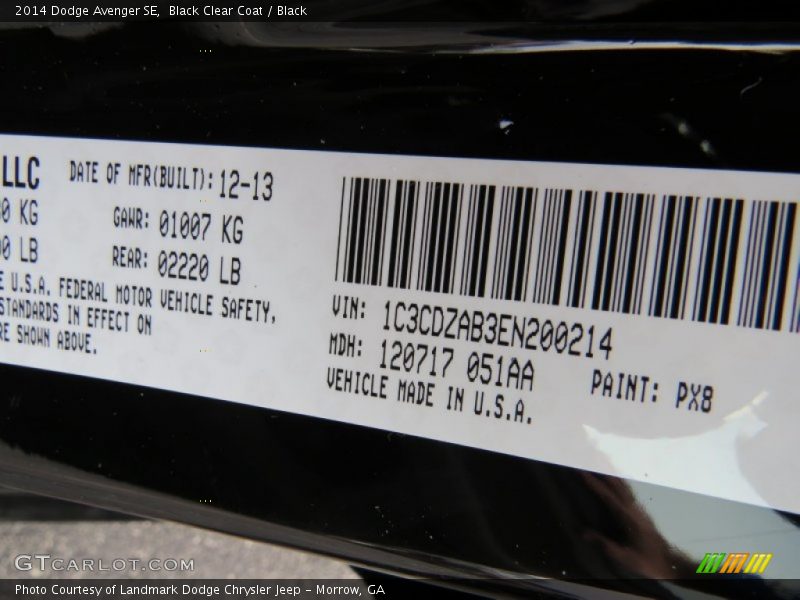 Black Clear Coat / Black 2014 Dodge Avenger SE