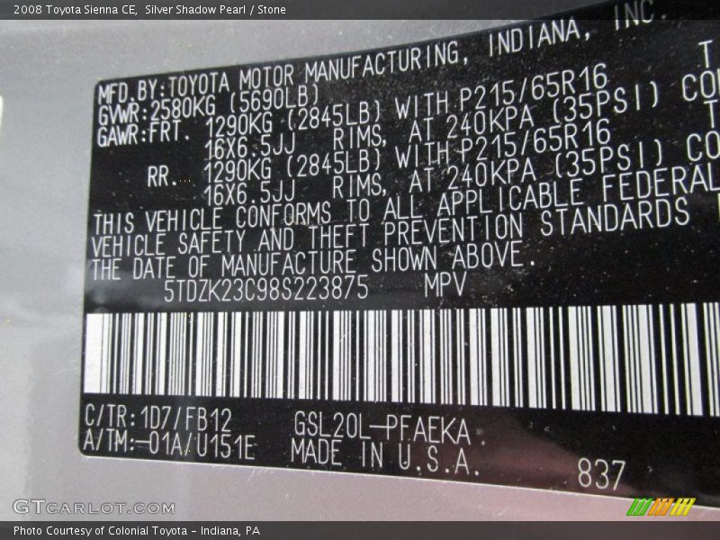 Silver Shadow Pearl / Stone 2008 Toyota Sienna CE