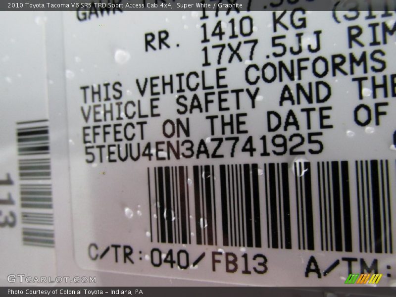 Super White / Graphite 2010 Toyota Tacoma V6 SR5 TRD Sport Access Cab 4x4