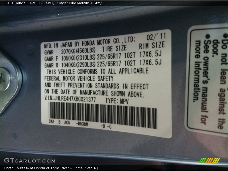 Glacier Blue Metallic / Gray 2011 Honda CR-V EX-L 4WD