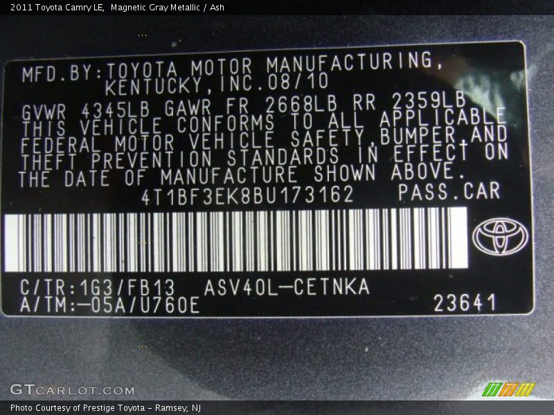 Magnetic Gray Metallic / Ash 2011 Toyota Camry LE