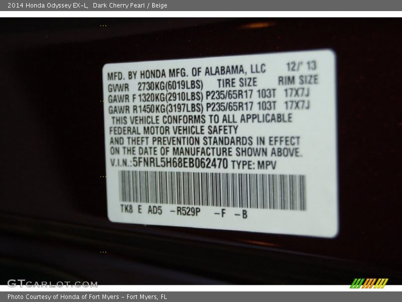 Dark Cherry Pearl / Beige 2014 Honda Odyssey EX-L