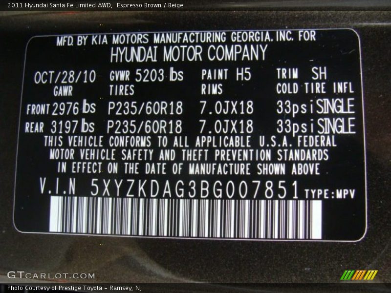 Espresso Brown / Beige 2011 Hyundai Santa Fe Limited AWD