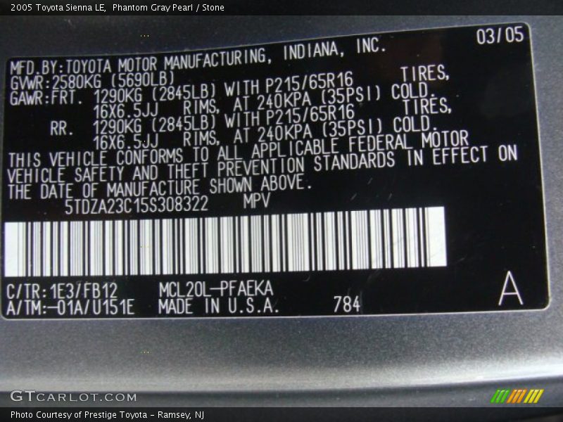 Phantom Gray Pearl / Stone 2005 Toyota Sienna LE