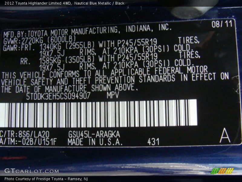 2012 Highlander Limited 4WD Nautical Blue Metallic Color Code 8S6