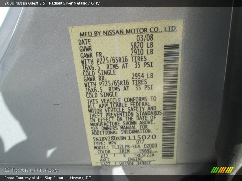 Radiant Silver Metallic / Gray 2008 Nissan Quest 3.5
