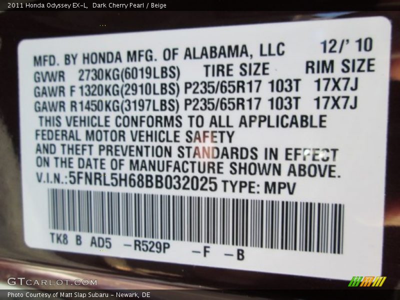 Dark Cherry Pearl / Beige 2011 Honda Odyssey EX-L