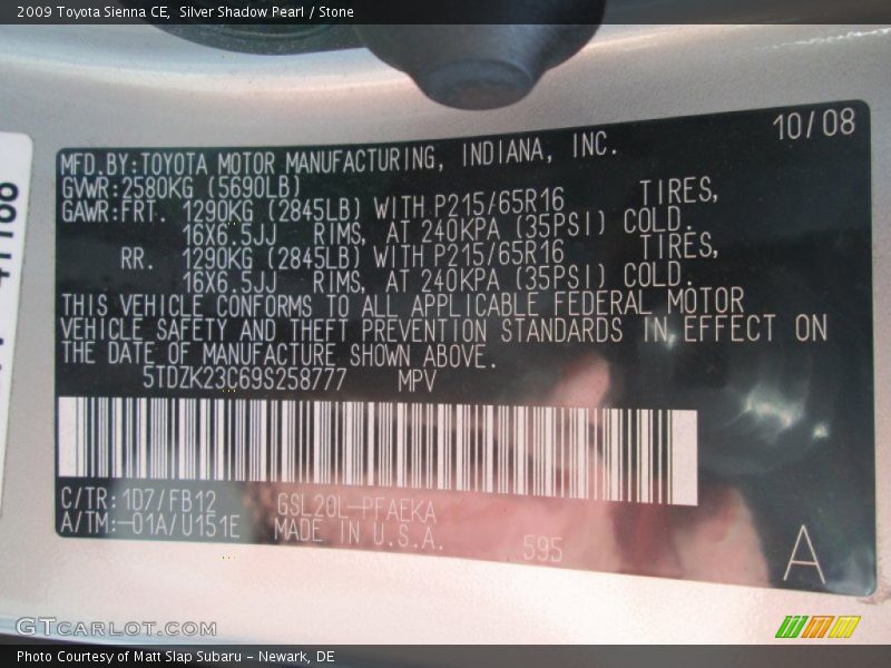 Silver Shadow Pearl / Stone 2009 Toyota Sienna CE