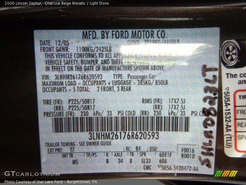 Charcoal Beige Metallic / Light Stone 2006 Lincoln Zephyr