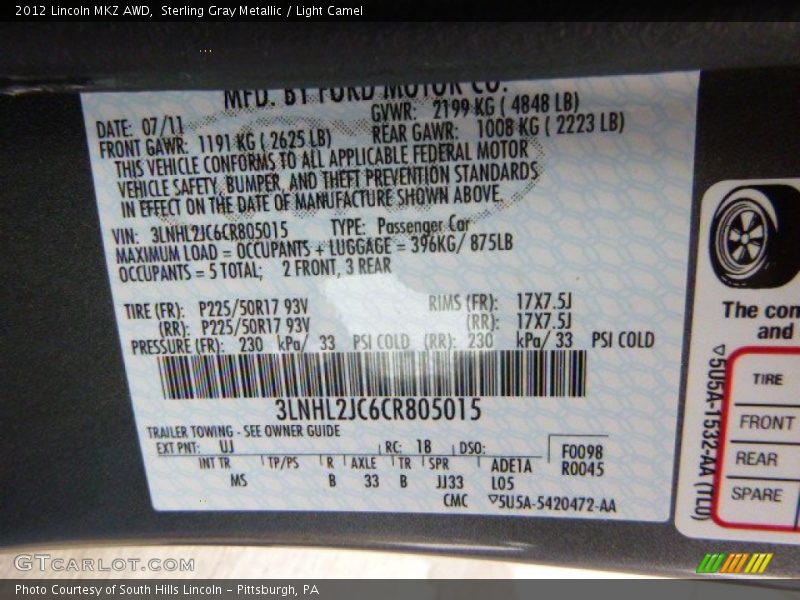 Sterling Gray Metallic / Light Camel 2012 Lincoln MKZ AWD