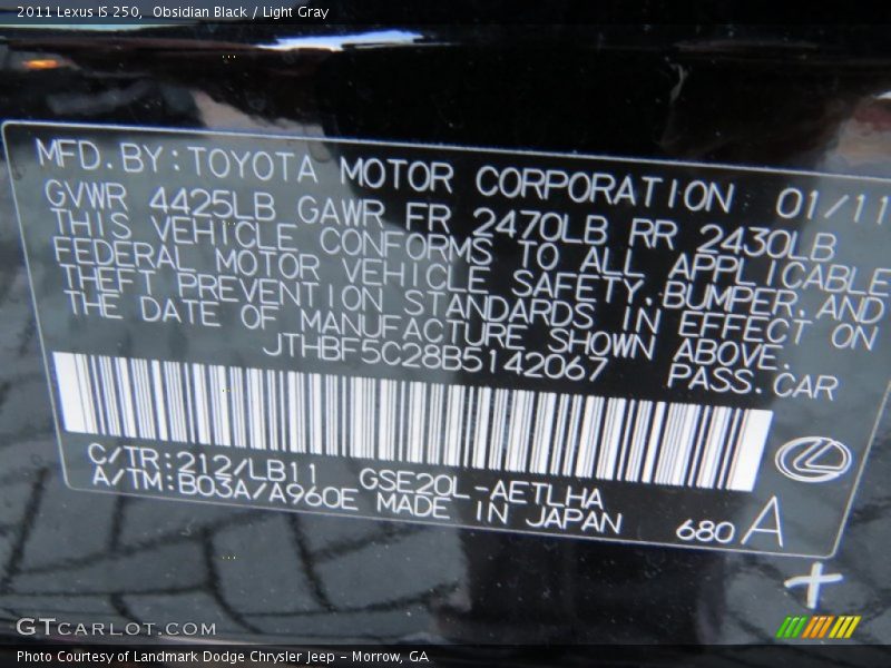 Obsidian Black / Light Gray 2011 Lexus IS 250