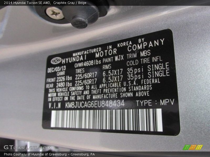 2014 Tucson SE AWD Graphite Gray Color Code WJX
