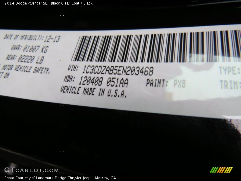 Black Clear Coat / Black 2014 Dodge Avenger SE