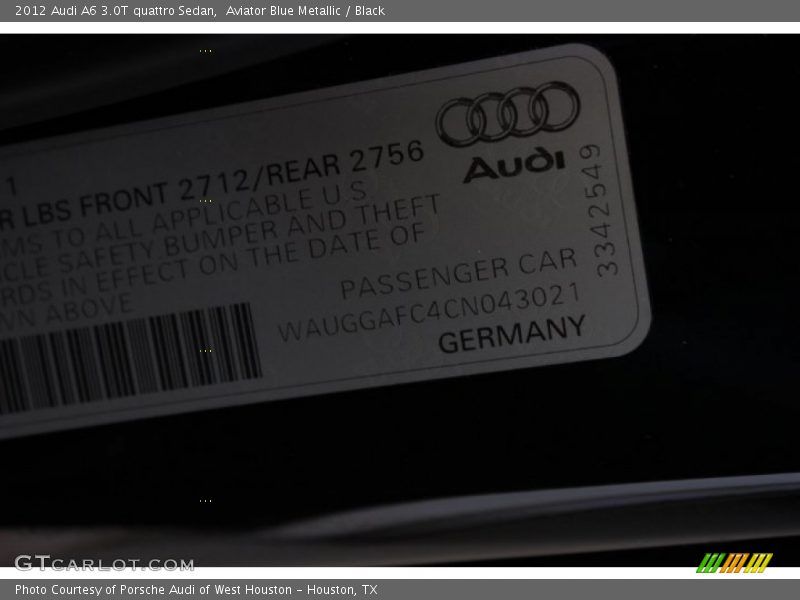 Aviator Blue Metallic / Black 2012 Audi A6 3.0T quattro Sedan