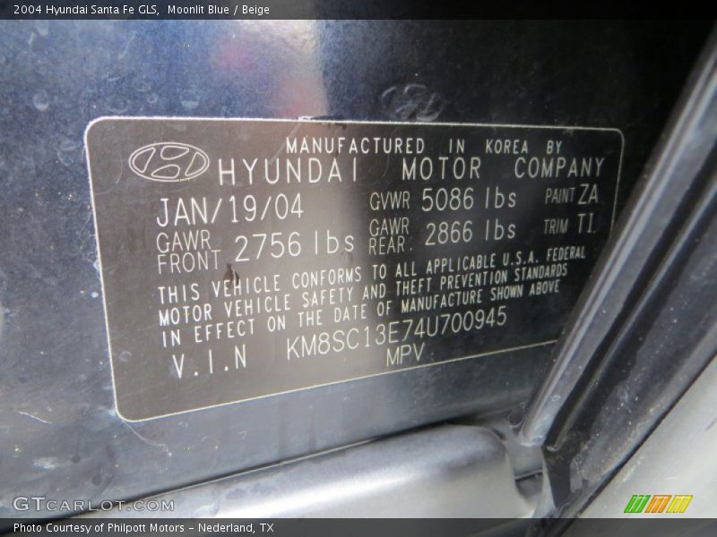 Moonlit Blue / Beige 2004 Hyundai Santa Fe GLS