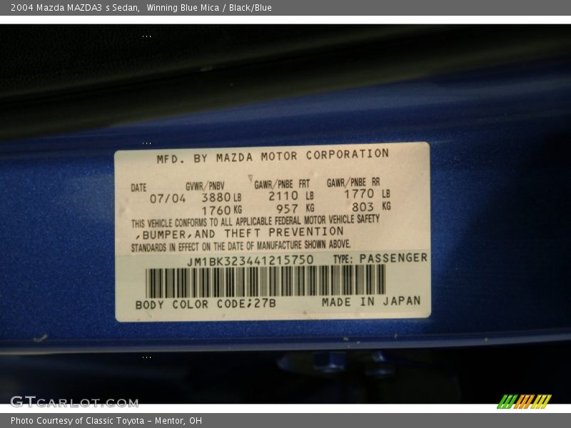 2004 MAZDA3 s Sedan Winning Blue Mica Color Code 27B