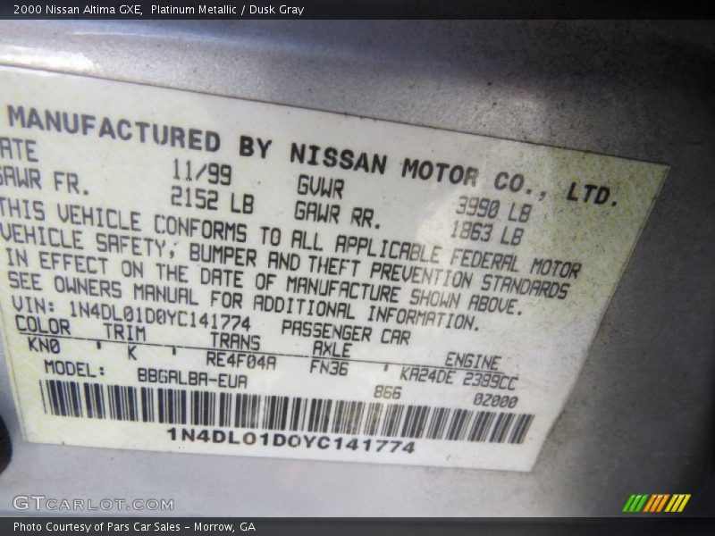Platinum Metallic / Dusk Gray 2000 Nissan Altima GXE
