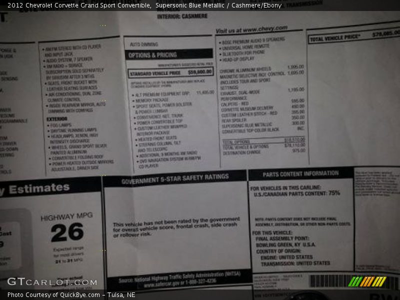  2012 Corvette Grand Sport Convertible Window Sticker