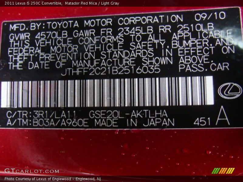 Matador Red Mica / Light Gray 2011 Lexus IS 250C Convertible