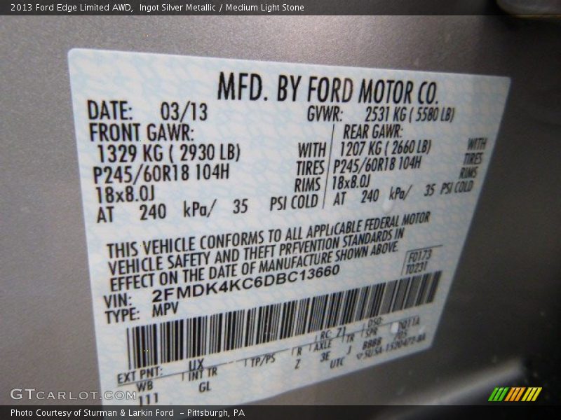 Ingot Silver Metallic / Medium Light Stone 2013 Ford Edge Limited AWD