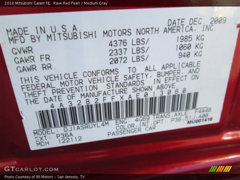 Rave Red Pearl / Medium Gray 2010 Mitsubishi Galant FE