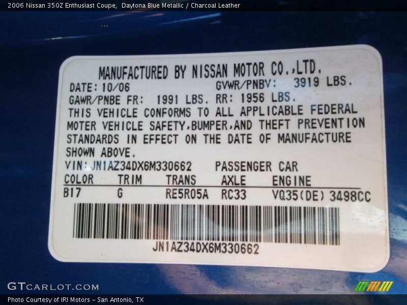 Daytona Blue Metallic / Charcoal Leather 2006 Nissan 350Z Enthusiast Coupe