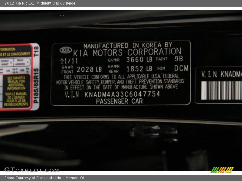 Midnight Black / Beige 2012 Kia Rio LX