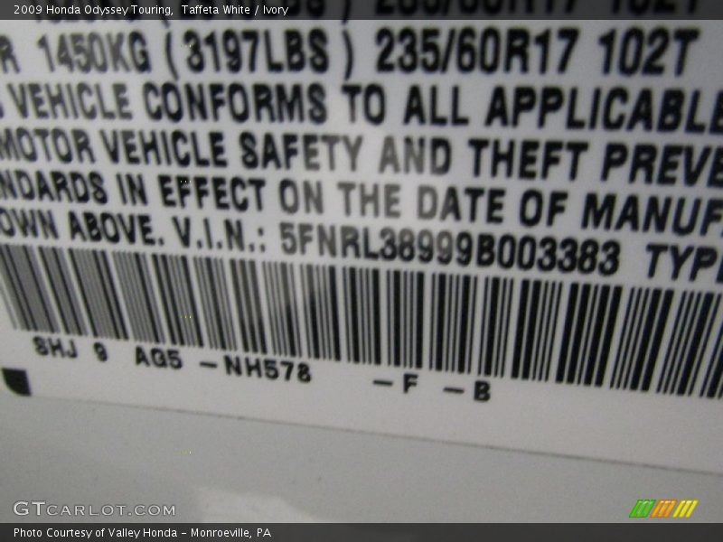Taffeta White / Ivory 2009 Honda Odyssey Touring