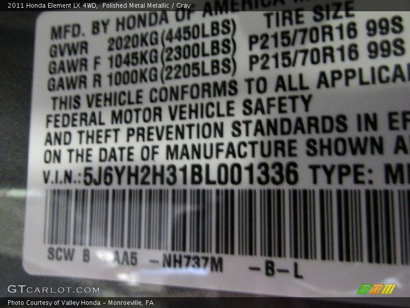 2011 Element LX 4WD Polished Metal Metallic Color Code NH737M