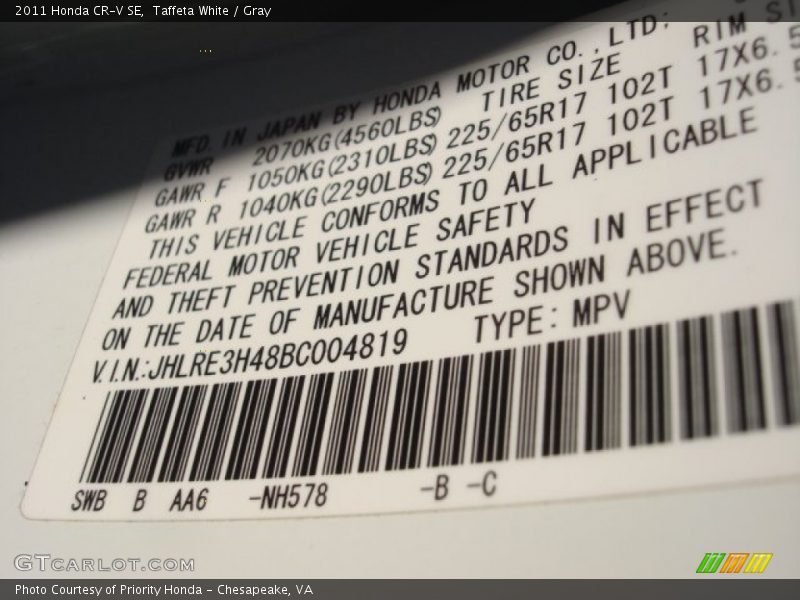 Taffeta White / Gray 2011 Honda CR-V SE