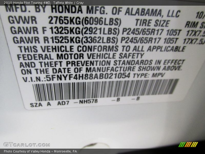 Taffeta White / Gray 2010 Honda Pilot Touring 4WD