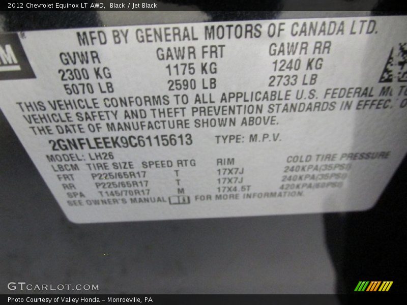 Black / Jet Black 2012 Chevrolet Equinox LT AWD