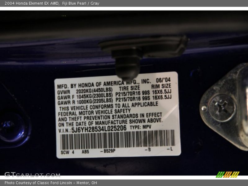 2004 Element EX AWD Fiji Blue Pearl Color Code B529P
