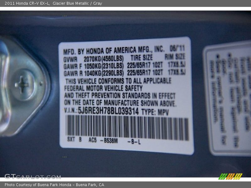 Glacier Blue Metallic / Gray 2011 Honda CR-V EX-L
