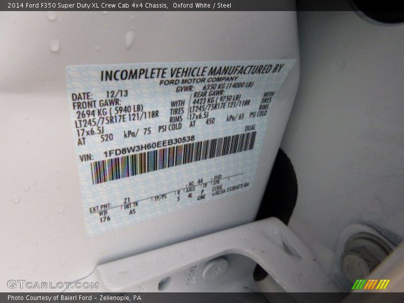 2014 F350 Super Duty XL Crew Cab 4x4 Chassis Oxford White Color Code Z1