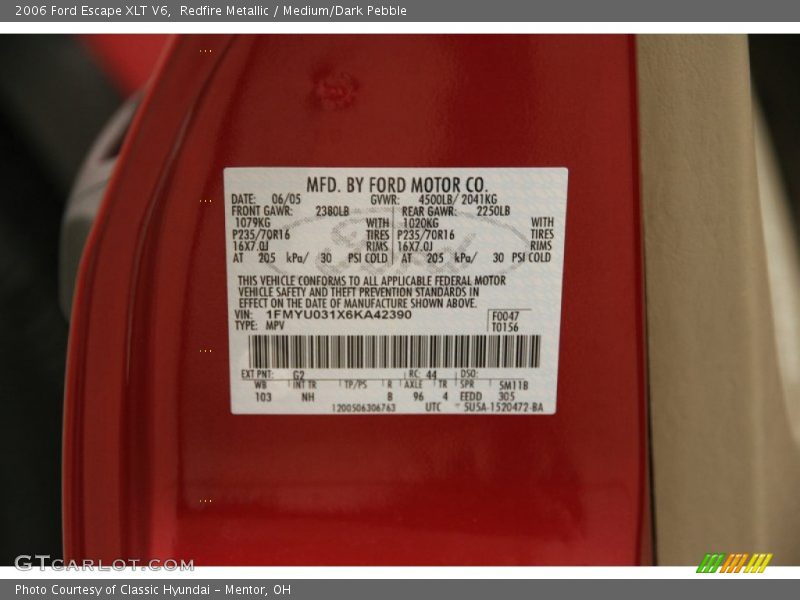 2006 Escape XLT V6 Redfire Metallic Color Code G2