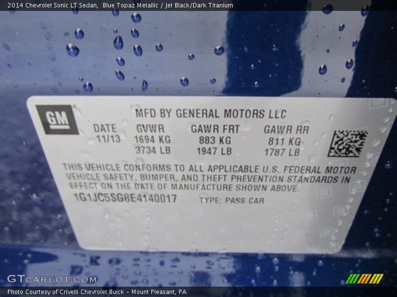Blue Topaz Metallic / Jet Black/Dark Titanium 2014 Chevrolet Sonic LT Sedan