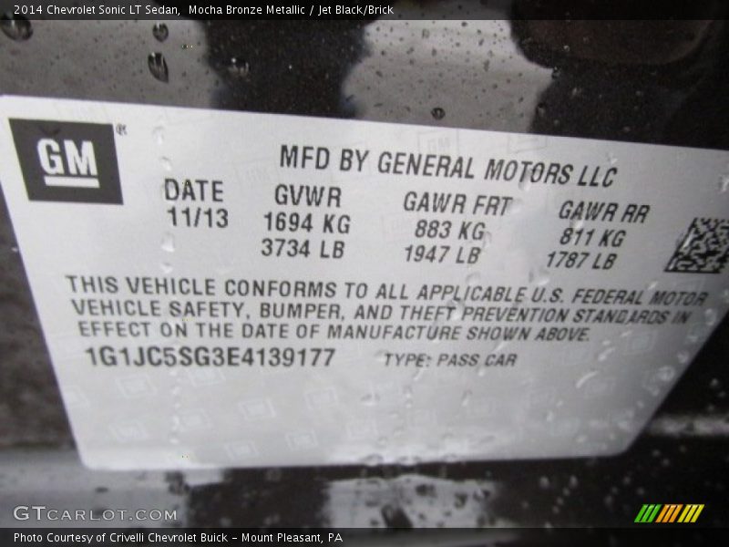 Mocha Bronze Metallic / Jet Black/Brick 2014 Chevrolet Sonic LT Sedan