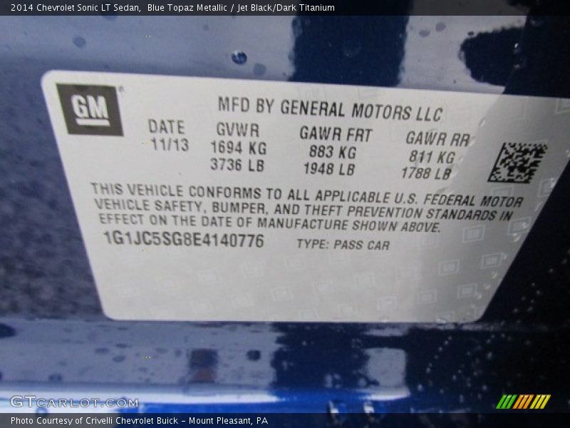 Blue Topaz Metallic / Jet Black/Dark Titanium 2014 Chevrolet Sonic LT Sedan