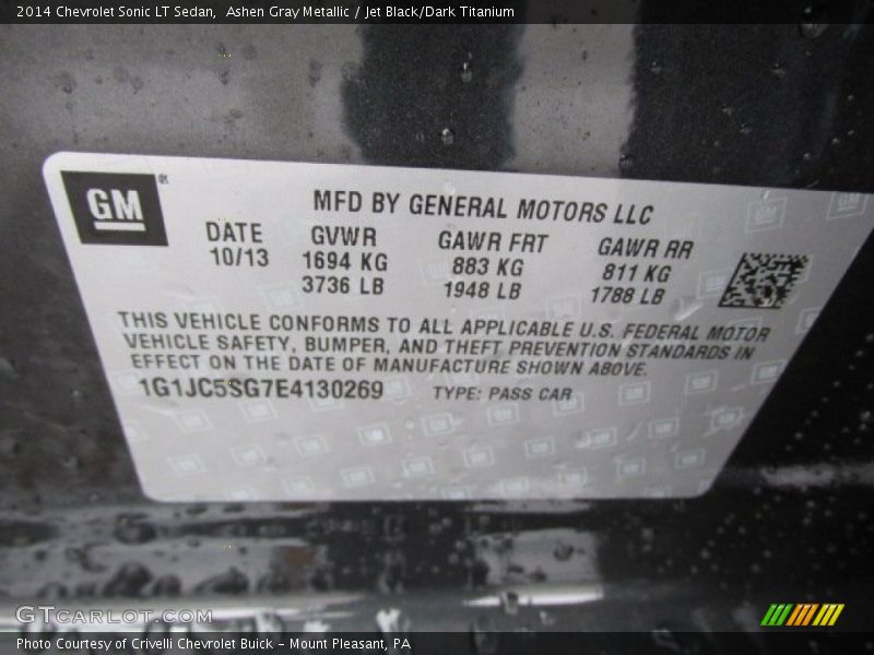Ashen Gray Metallic / Jet Black/Dark Titanium 2014 Chevrolet Sonic LT Sedan