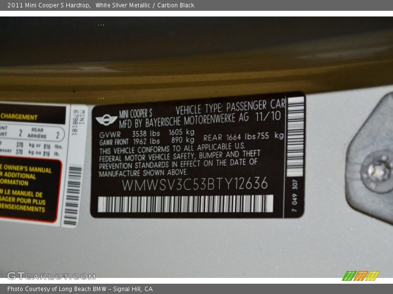 White Silver Metallic / Carbon Black 2011 Mini Cooper S Hardtop
